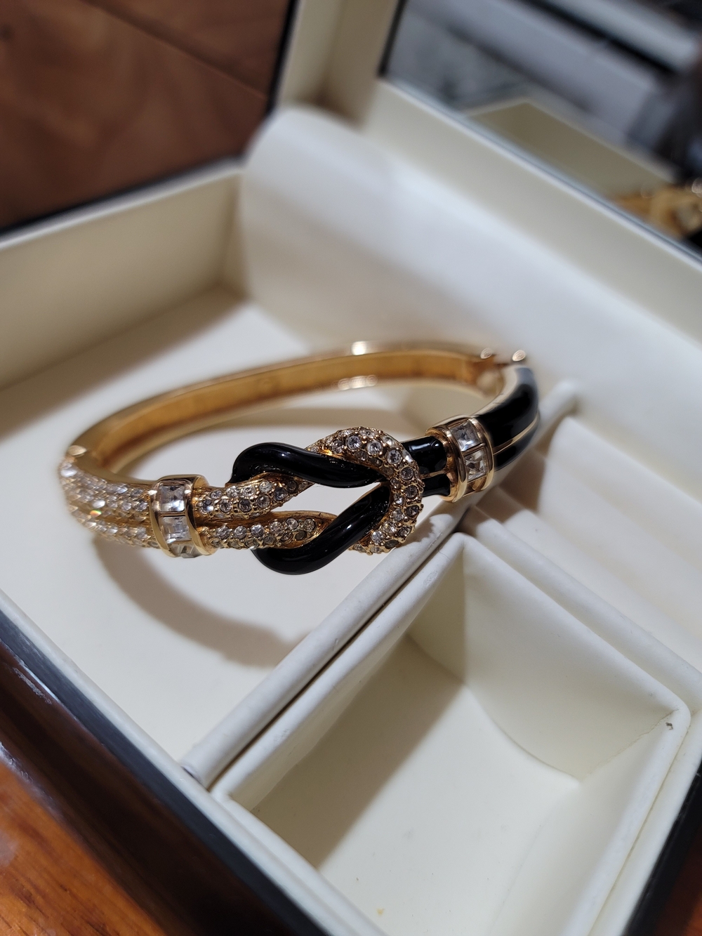 Swarovski Gold & Black Enamel Knot Bangle with Crystal Pavé